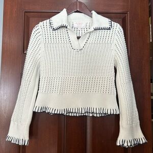 Audrey Parks Francesca’s Cream Open Knit Cotton Sweater Small Polo Collar
